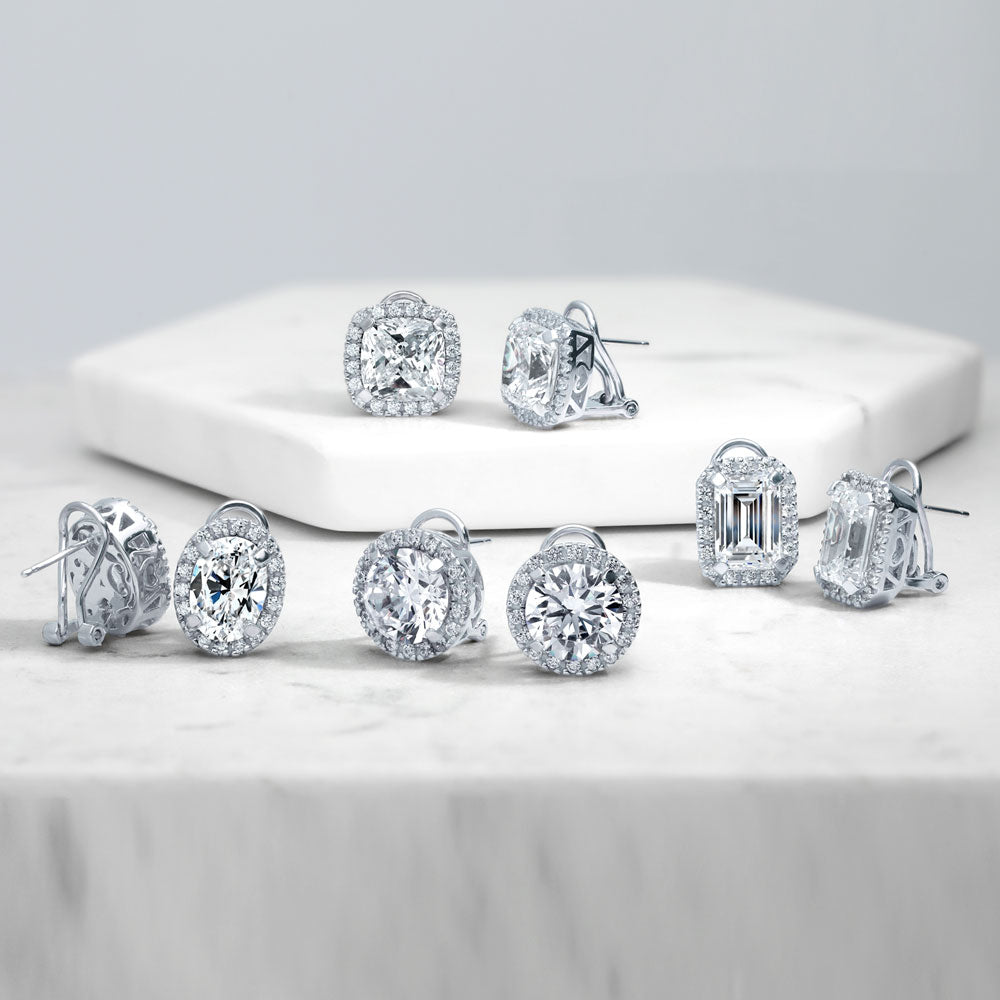 Halo Round CZ Statement Omega Back Stud Earrings in Sterling Silver