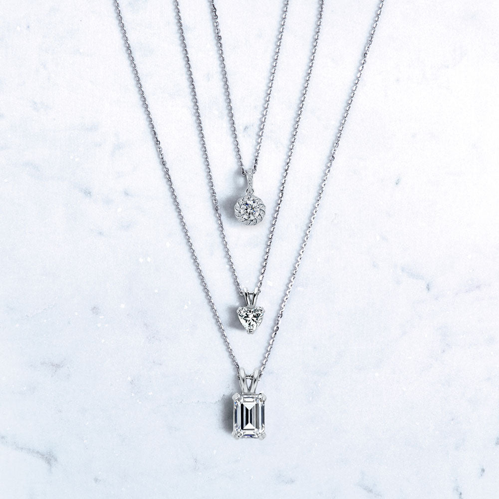Solitaire 1ct Emerald Cut CZ Necklace in Sterling Silver