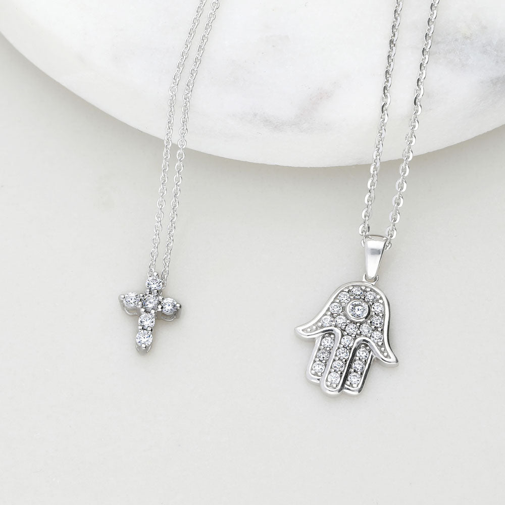 Hamsa Hand CZ Pendant Necklace in Sterling Silver