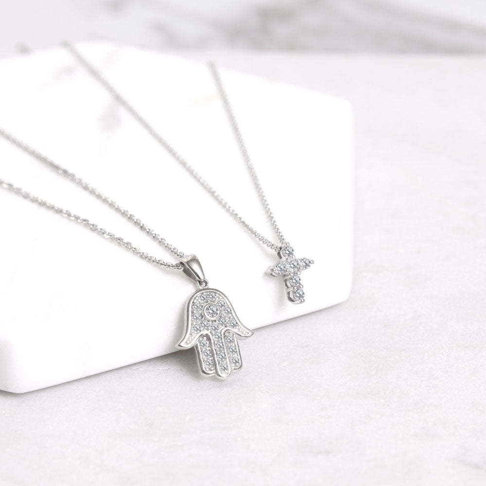 Hamsa Hand CZ Pendant Necklace in Sterling Silver