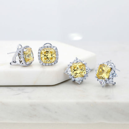 Halo Flower Canary Yellow Cushion CZ Set in Sterling Silver