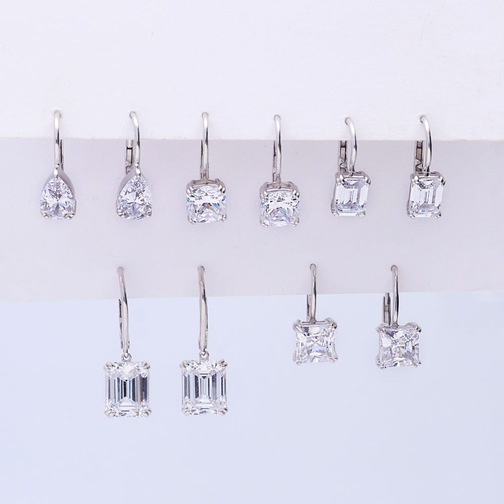 Flatlay view of Solitaire 4ct Cushion CZ Leverback Dangle Earrings in Sterling Silver, 9 of 10