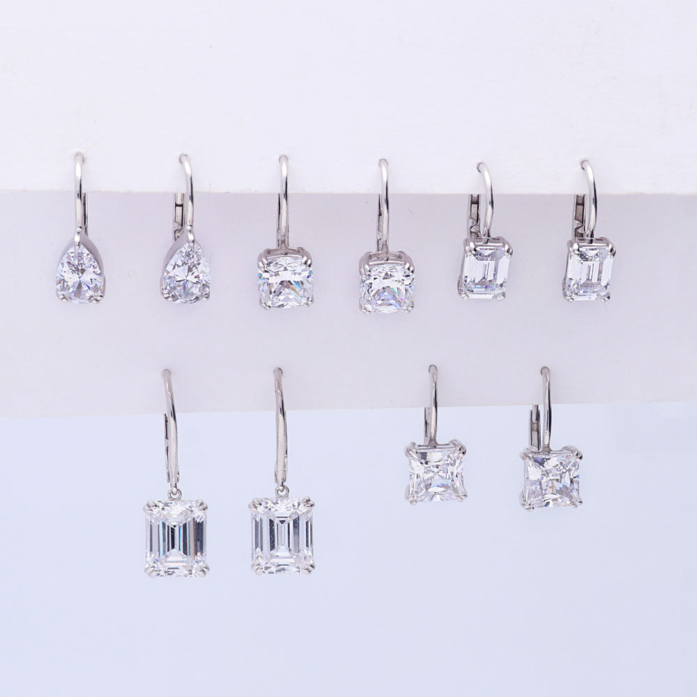 Solitaire 4ct Cushion CZ Leverback Dangle Earrings in Sterling Silver