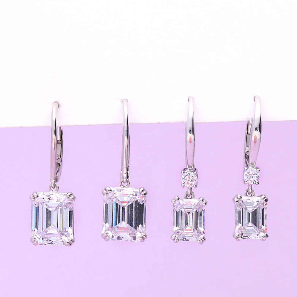 Solitaire 3.4ct Emerald Cut CZ Leverback Earrings in Sterling Silver