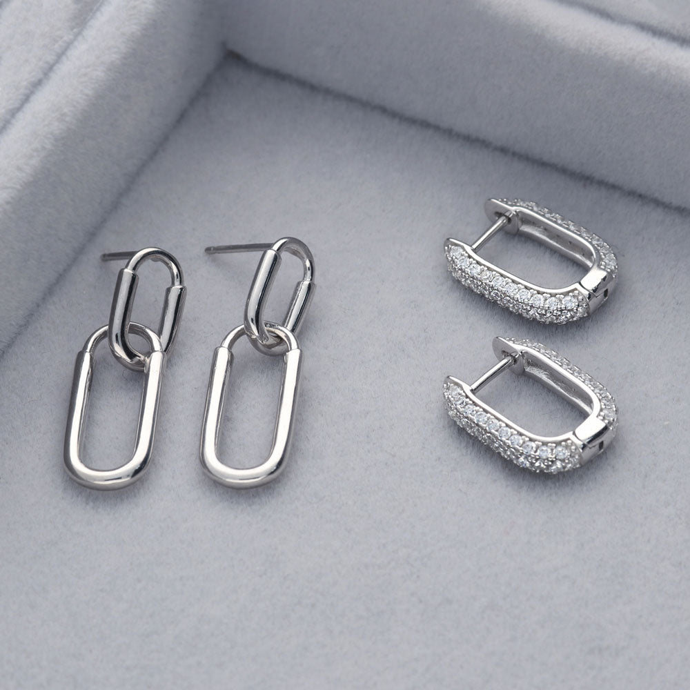 Rectangle CZ Medium Hoop Earrings in Sterling Silver 0.62"
