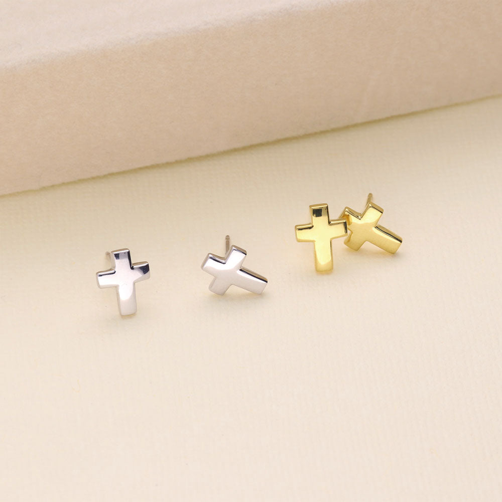 Flatlay view of Cross Stud Earrings in Sterling Silver