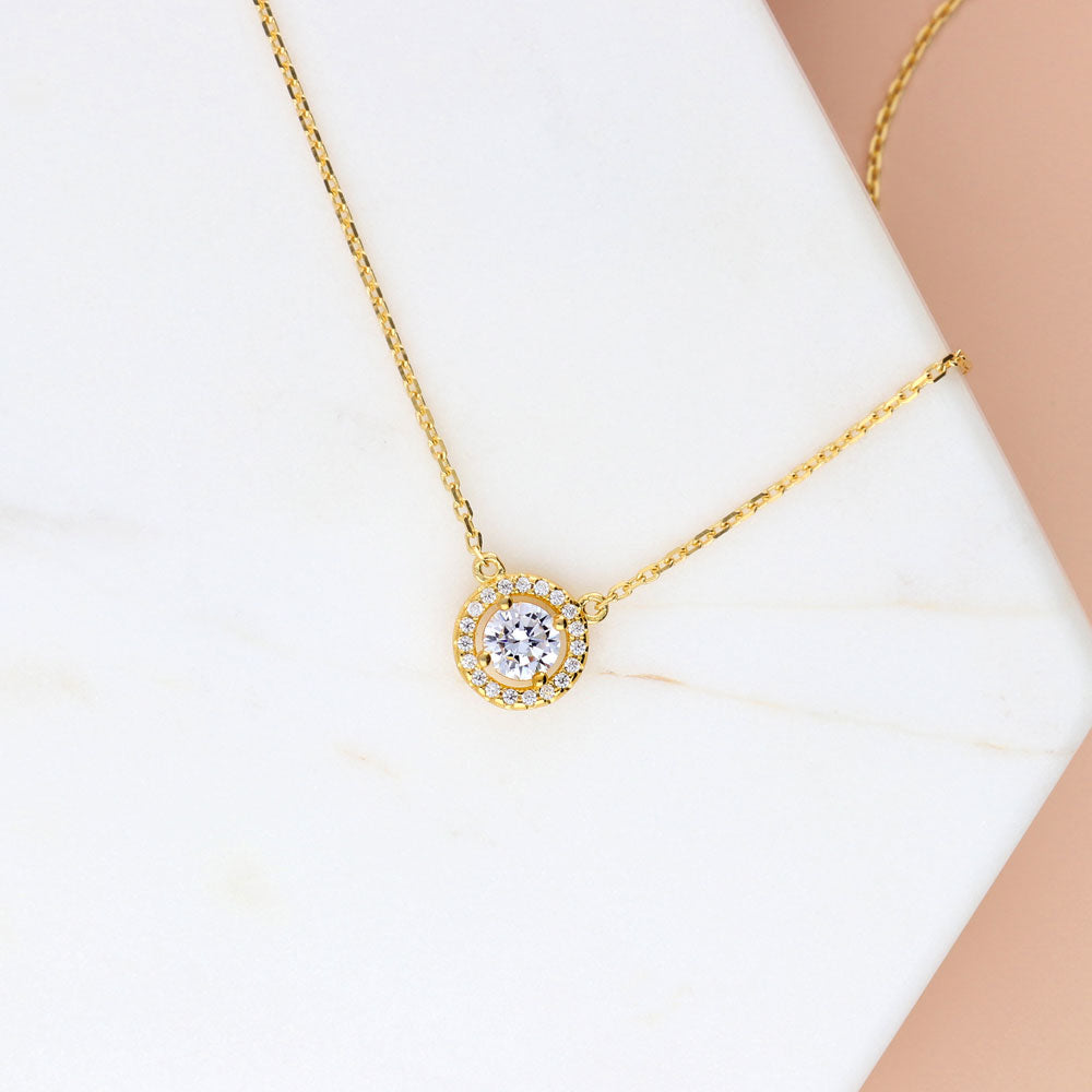 Halo Round CZ Pendant Necklace in Gold Flashed Sterling Silver