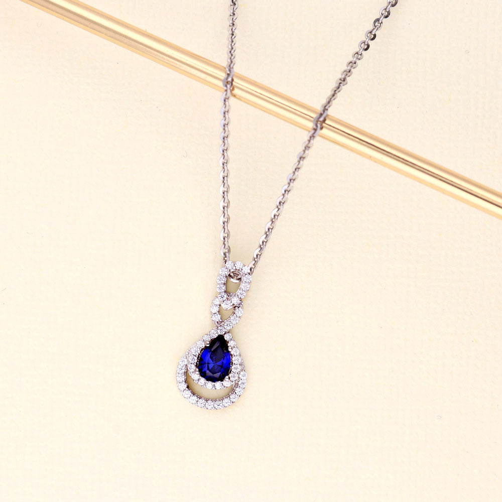 Teardrop Simulated Blue Sapphire CZ Pendant Necklace in Sterling Silver