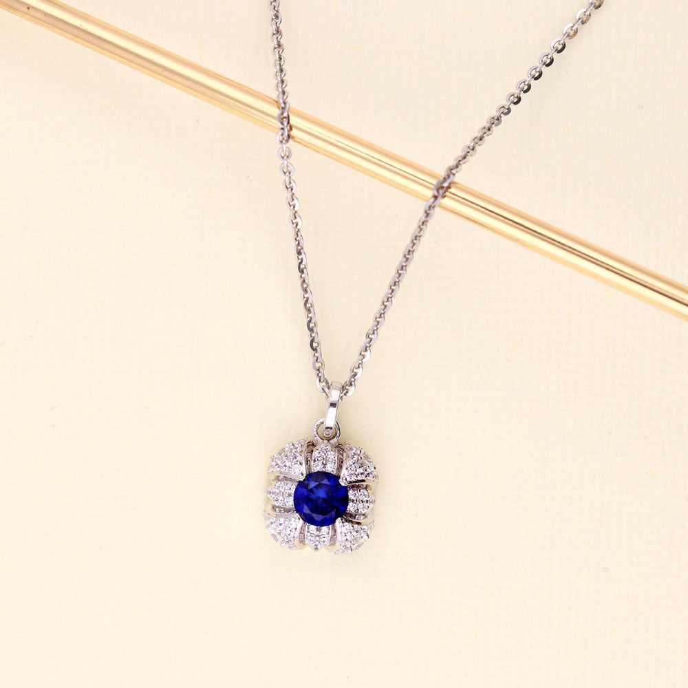 Square Simulated Blue Sapphire CZ Pendant Necklace in Sterling Silver