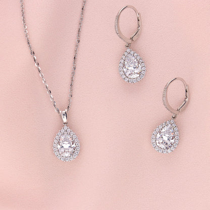Halo Pear CZ Necklace and Earrings in Sterling Silver