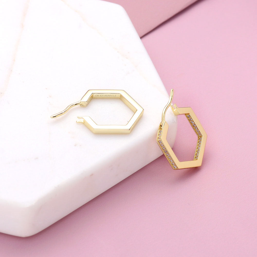 Hexagon CZ Medium Inside-Out Hoop Earrings in Sterling Silver 0.8"