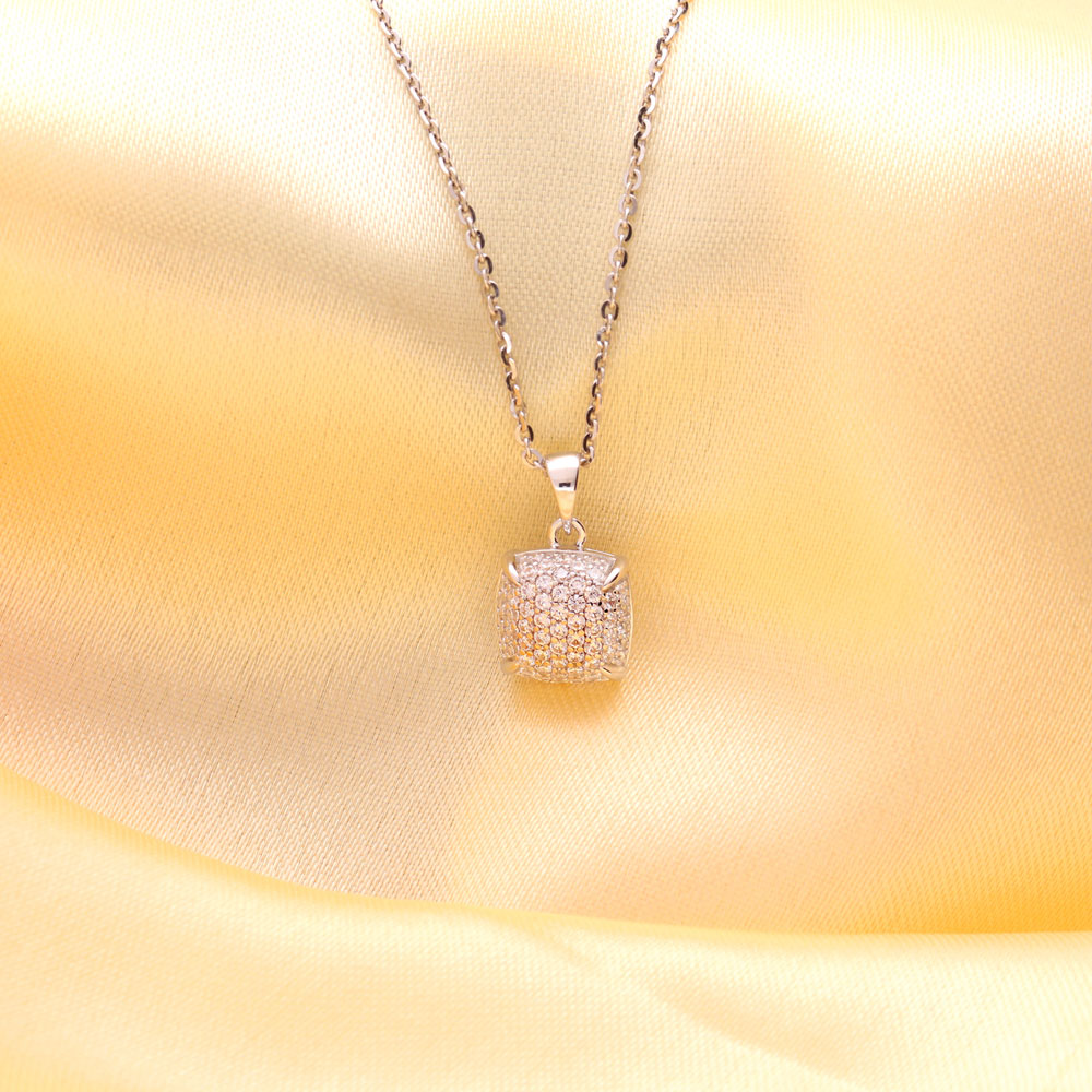 Square CZ Pendant Necklace in Sterling Silver