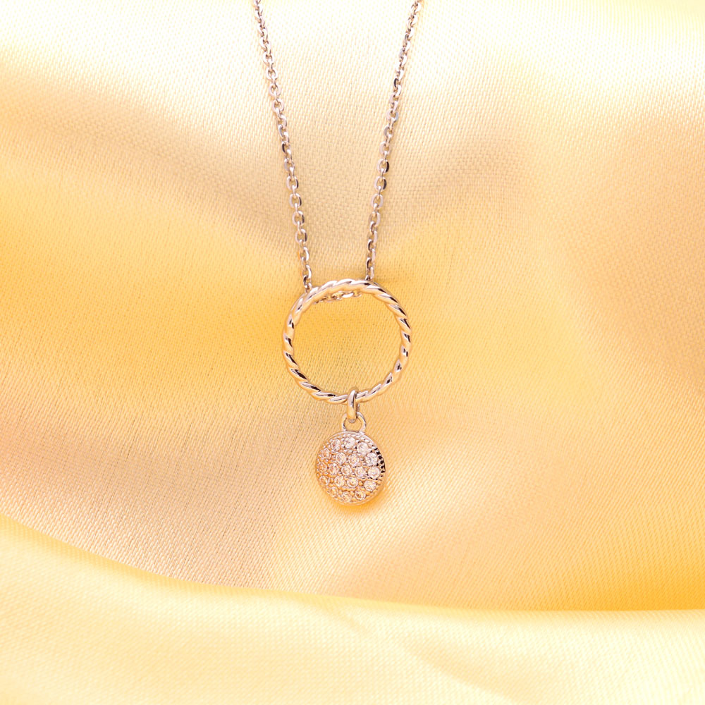 Flatlay view of Open Circle Cable Coin CZ Necklace in Sterling Silver, 2 of 7