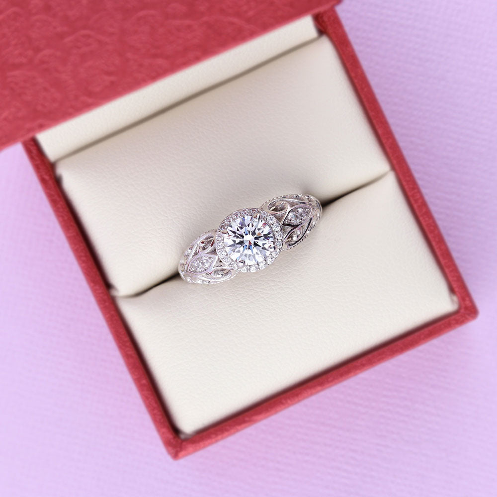Flatlay view of Halo Art Deco Milgrain CZ Ring in Sterling Silver, 7 of 11