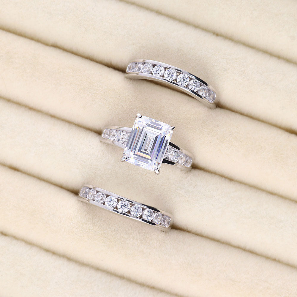 Flatlay view of Solitaire 3.8ct Emerald Cut CZ Statement Ring Set in Sterling Silver, 9 of 18