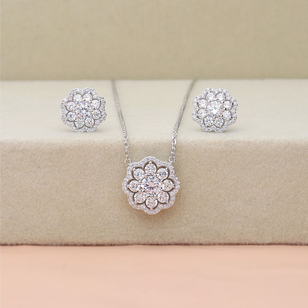 Flower Halo CZ Stud Earrings in Sterling Silver