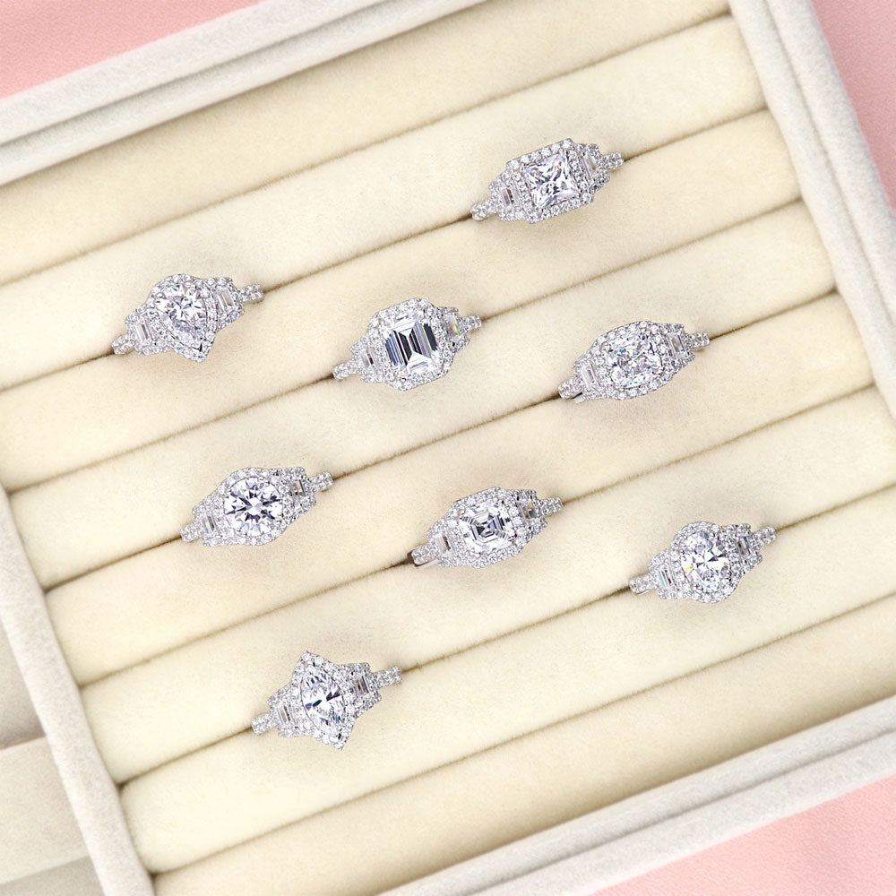 Flatlay view of 3-Stone Halo Art Deco 1.2ct Oval CZ Ring in Sterling Silver, 10 of 11