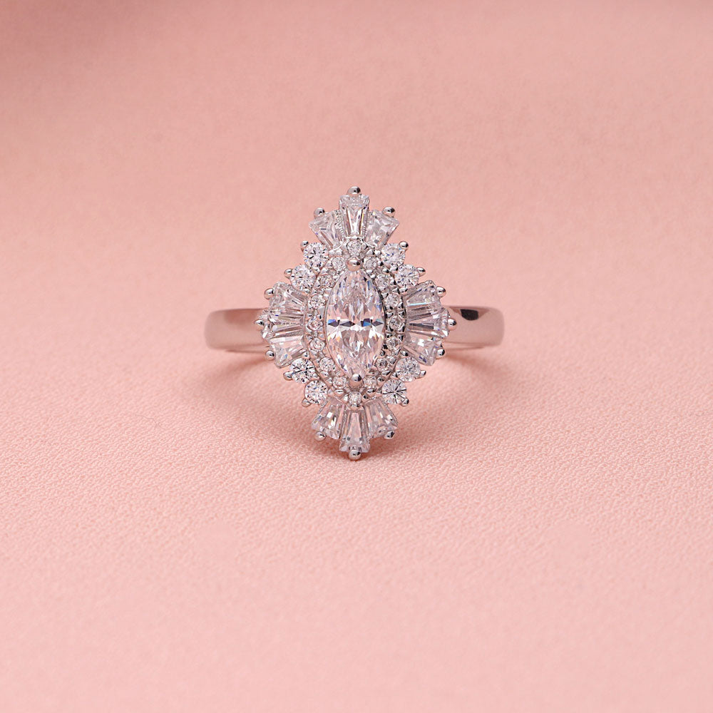 Halo Cluster Marquise CZ Statement Ring in Sterling Silver