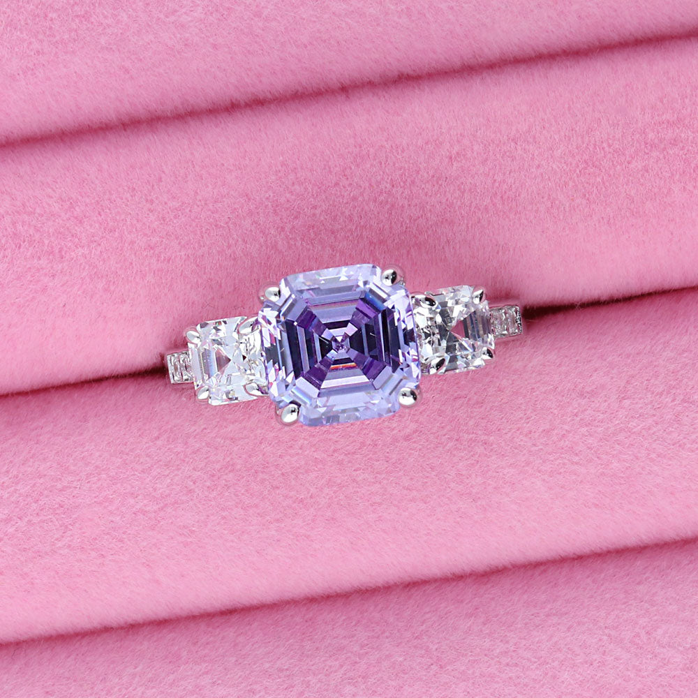 Flatlay view of 3-Stone 4.1ct Purple Asscher CZ Ring in Sterling Silver, 6 of 9