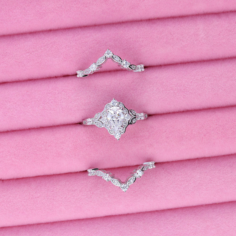 Flatlay view of Halo Art Deco Chevron V Shaped CZ Ring Set in Sterling Silver, 7 of 16