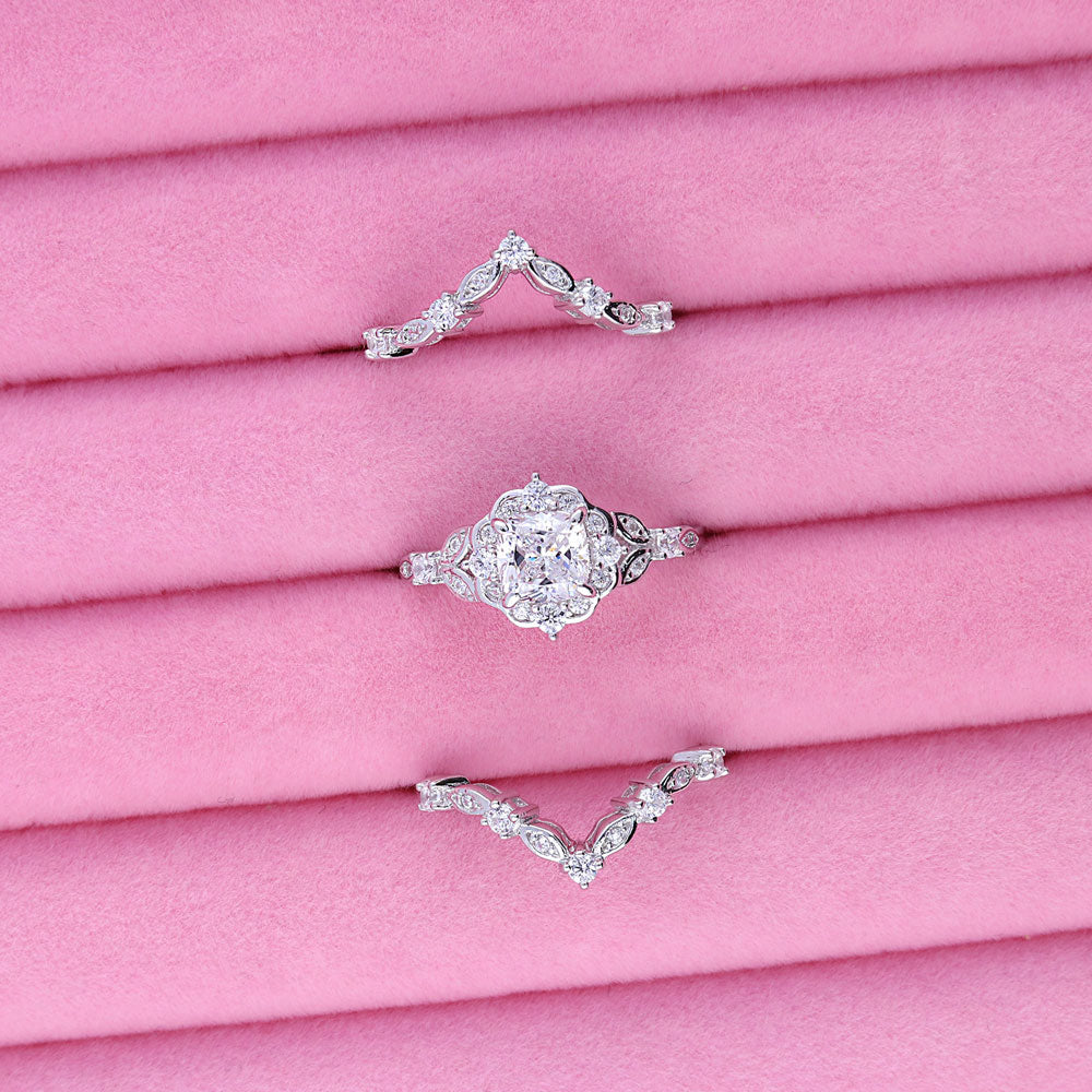 Flatlay view of Halo Art Deco Chevron V Shaped CZ Ring Set in Sterling Silver, 7 of 16