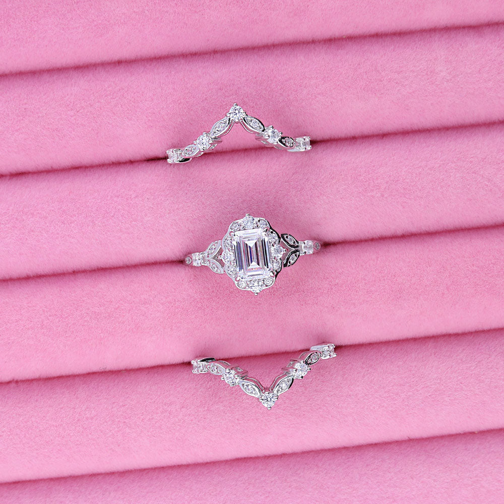 Flatlay view of Halo Art Deco Chevron V Shaped CZ Ring Set in Sterling Silver, 7 of 16