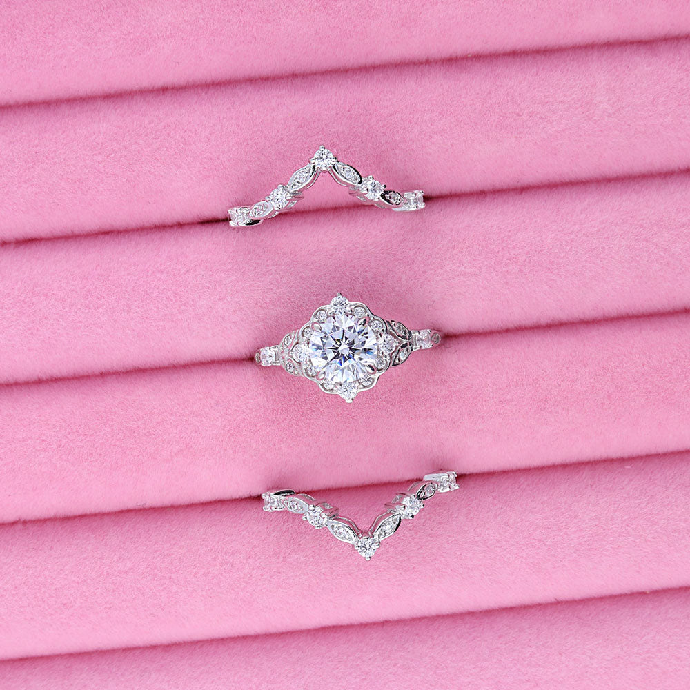 Flatlay view of Halo Art Deco Chevron V Shaped CZ Ring Set in Sterling Silver, 7 of 16