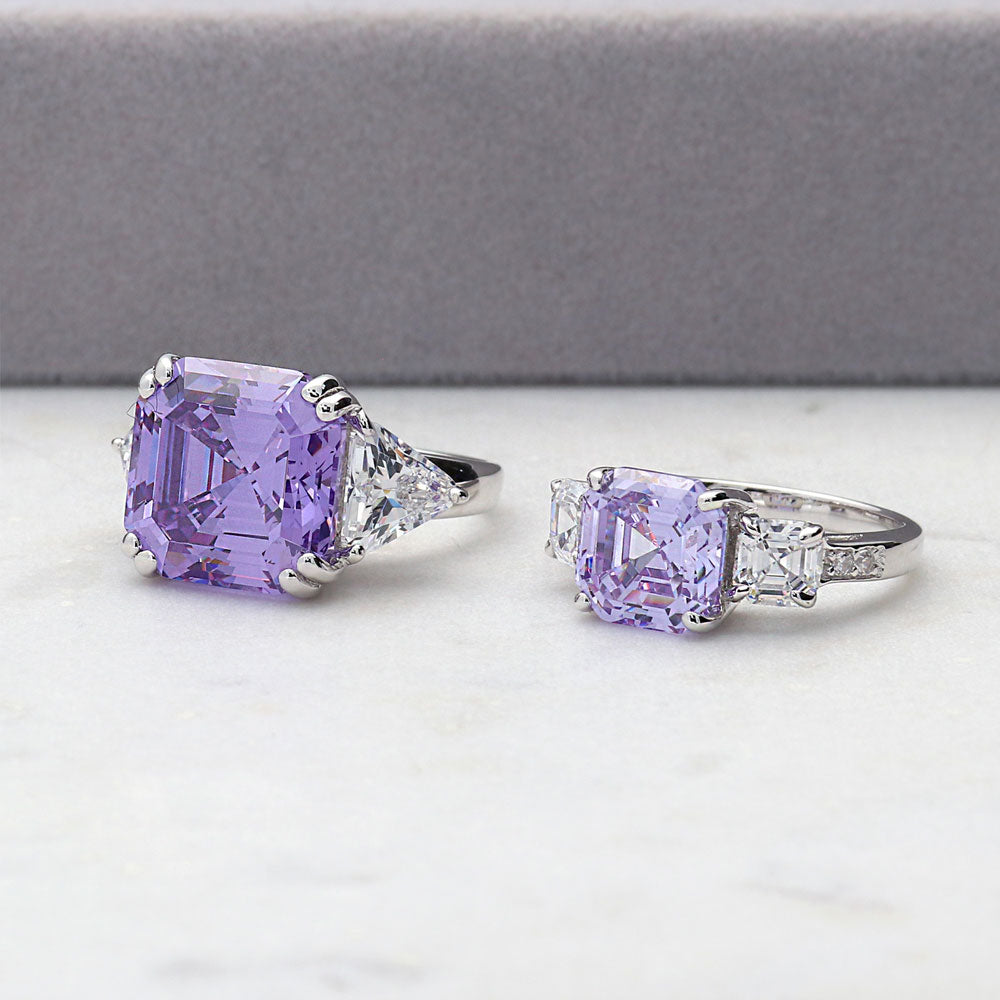 Flatlay view of 3-Stone 12.6ct Purple Asscher CZ Ring in Sterling Silver, 7 of 11