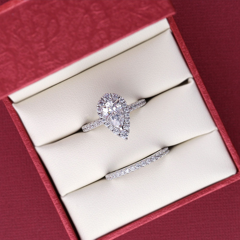 Flatlay view of Halo Pear CZ Ring Set in Sterling Silver, 9 of 14