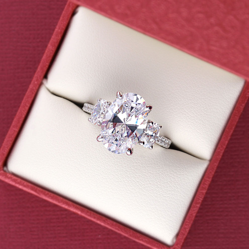 Flatlay view of 3-Stone 5.5ct Oval CZ Ring in Sterling Silver, 10 of 12