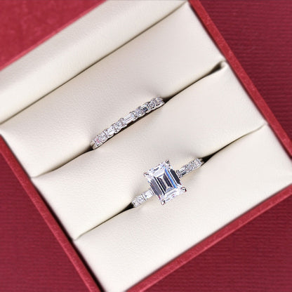 Solitaire Art Deco Emerald Cut CZ Ring Set in Sterling Silver