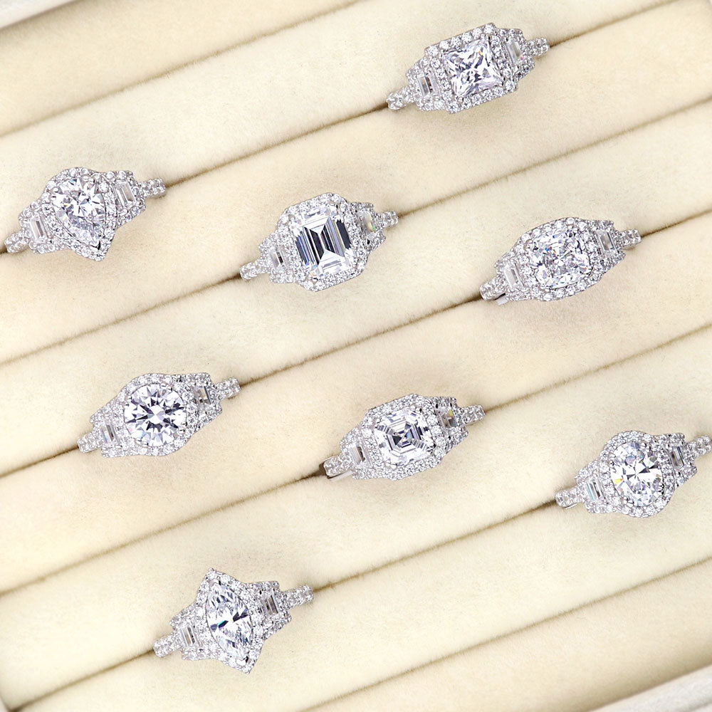 Flatlay view of 3-Stone Halo Pear CZ Ring in Sterling Silver, 7 of 10