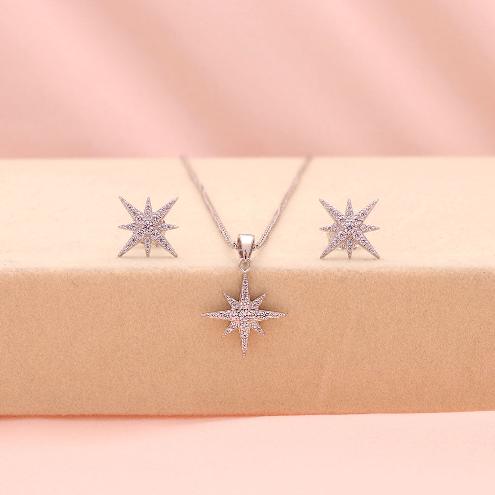 North Star CZ Necklace and Earrings Set in Sterling Silver, front view