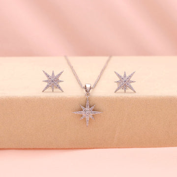 North Star CZ Necklace and Earrings Set in Sterling Silver
