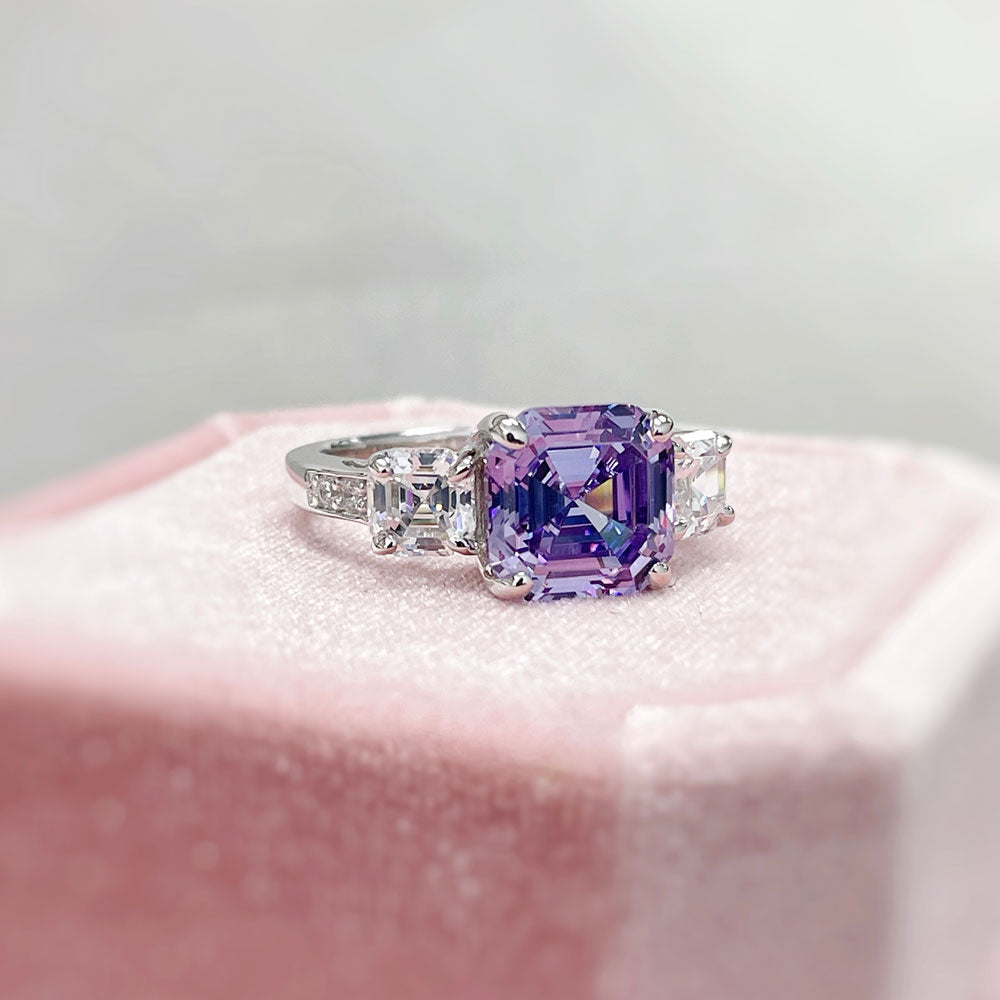 Flatlay view of 3-Stone 4.1ct Purple Asscher CZ Ring in Sterling Silver, 3 of 9