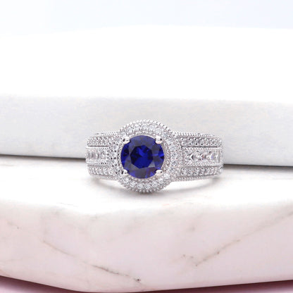 Halo Milgrain Sapphire-Blue CZ Ring in Sterling Silver