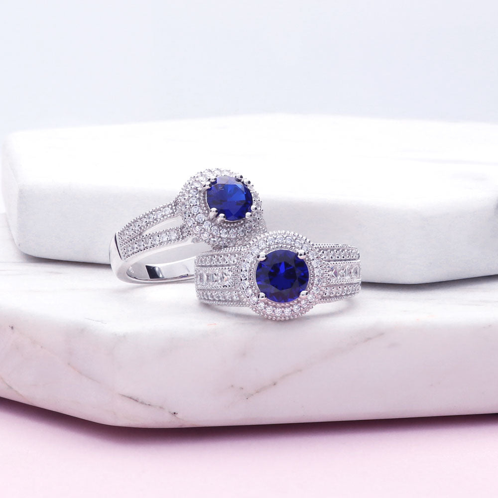 Flatlay view of Halo Milgrain Sapphire-Blue CZ Ring in Sterling Silver, 12 of 16