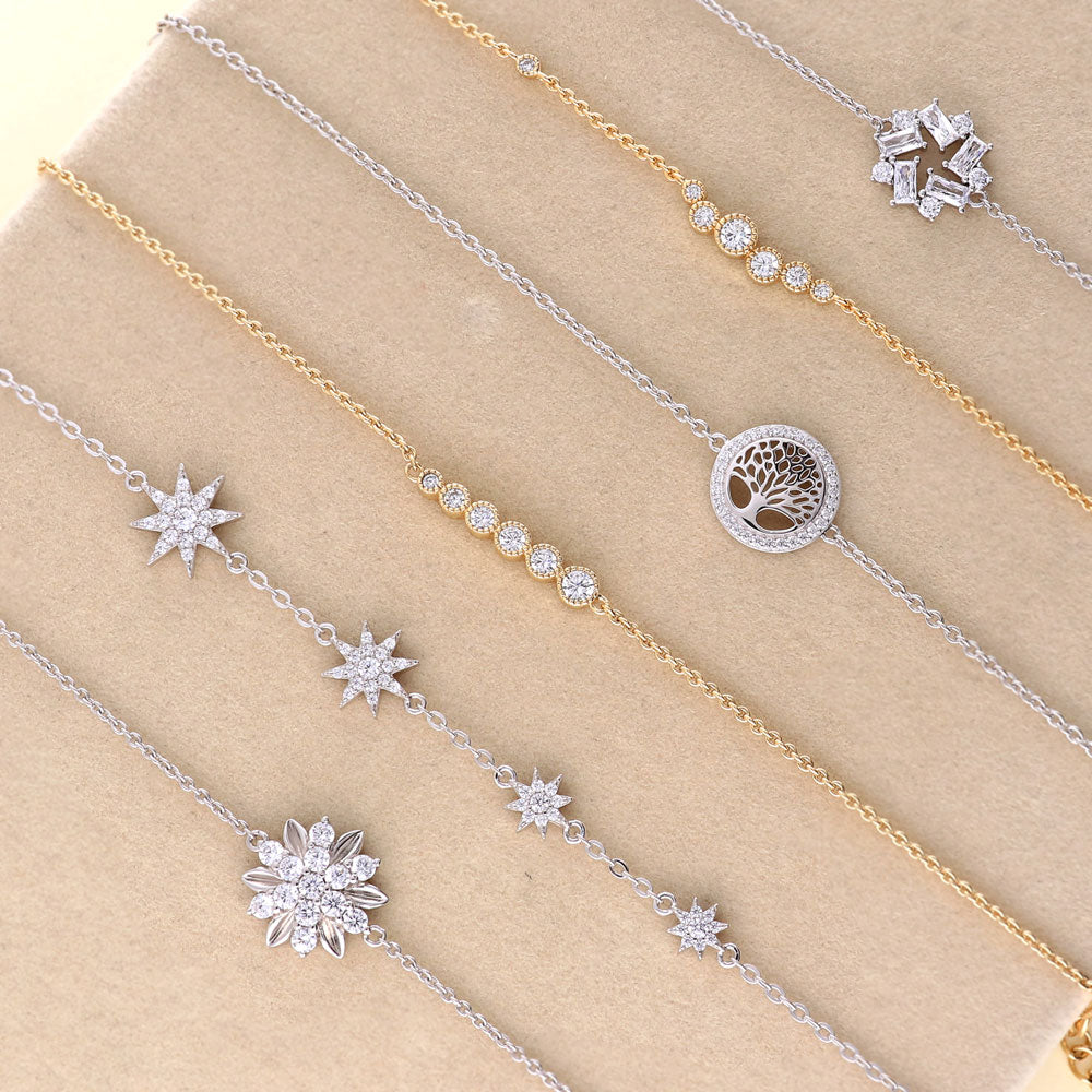 Flatlay view of Bubble Bar CZ Rolo Chain Bracelet in Sterling Silver, Yellow Gold Flashed