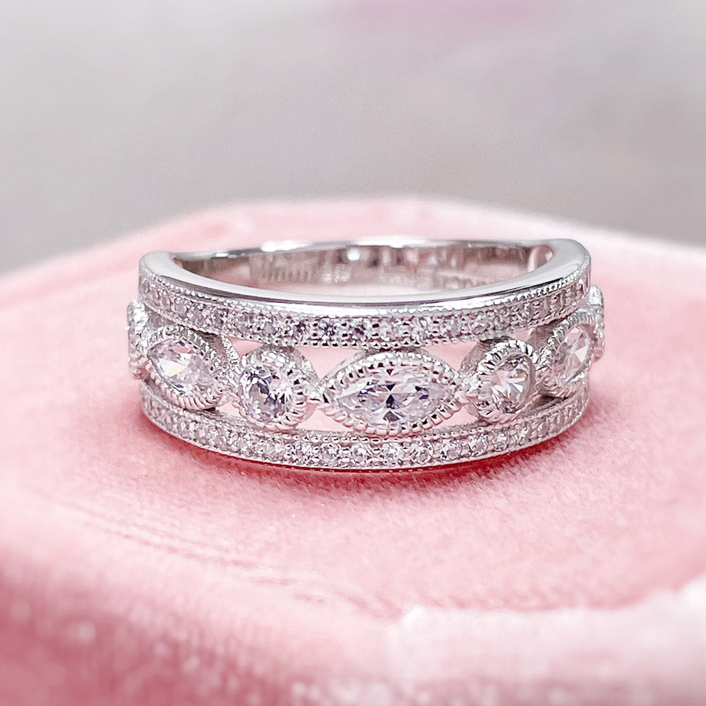 Flatlay view of Art Deco Bezel CZ Eternity Ring in Sterling Silver, 6 of 10