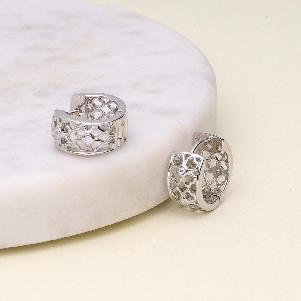 Clover CZ Small Huggie Earrings in Sterling Silver 0.55"