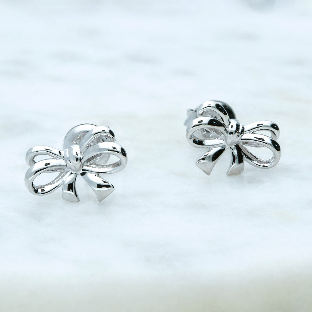 Bow Tie Ribbon Necklace and Earrings Set in Sterling Silver