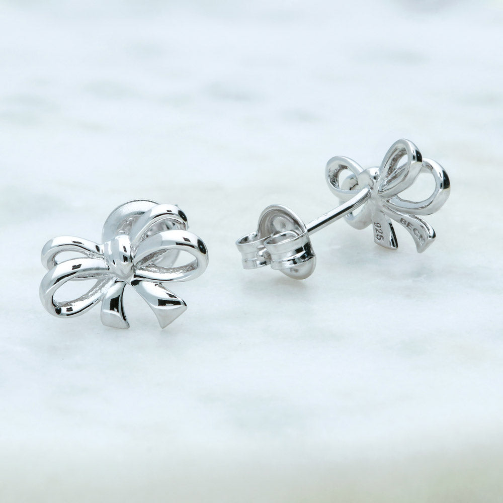 Bow Tie Ribbon Necklace and Earrings Set in Sterling Silver