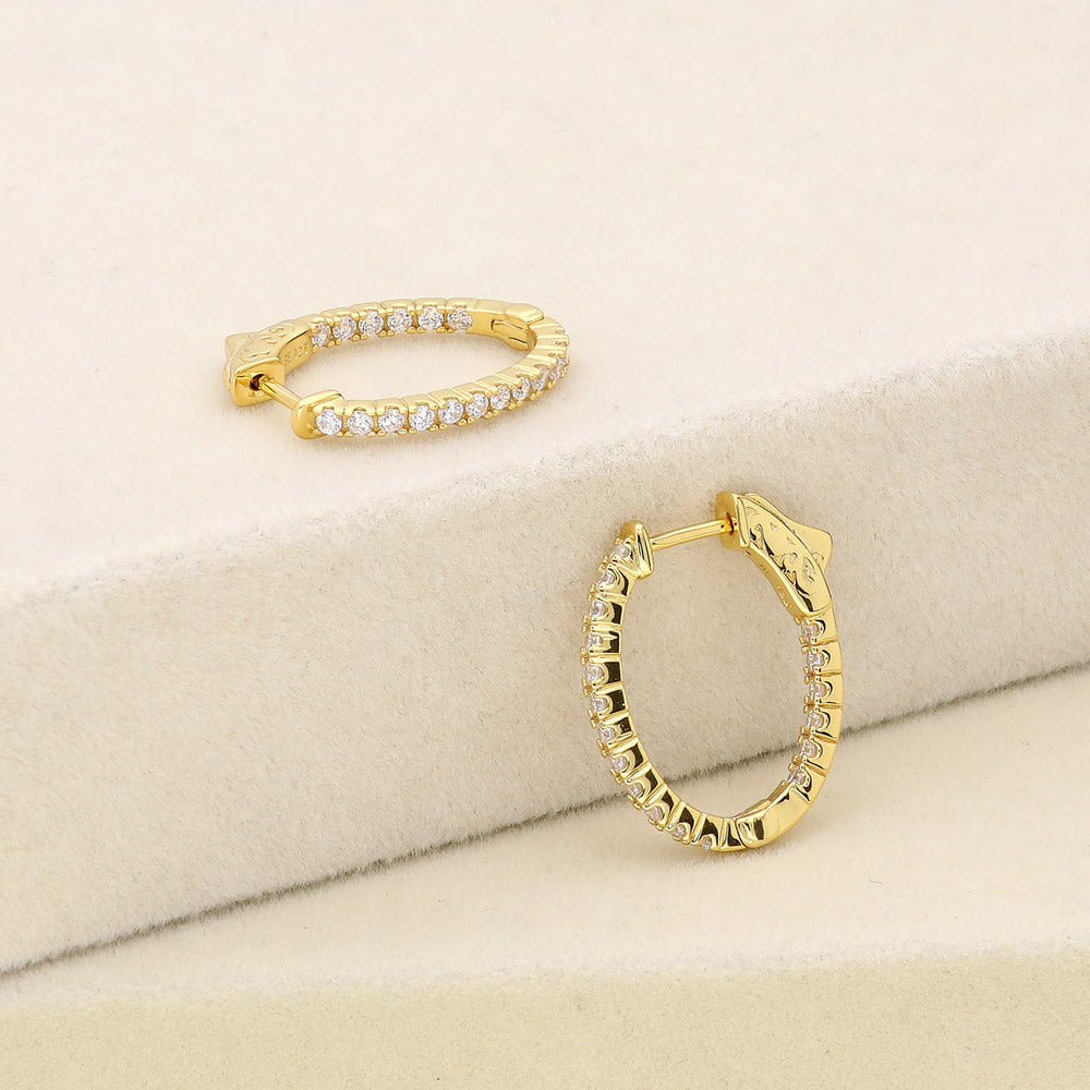 Flatlay view of Oval CZ Small Inside-Out Hoop Earrings in Sterling Silver 0.8 inch, Yellow Gold Flashed