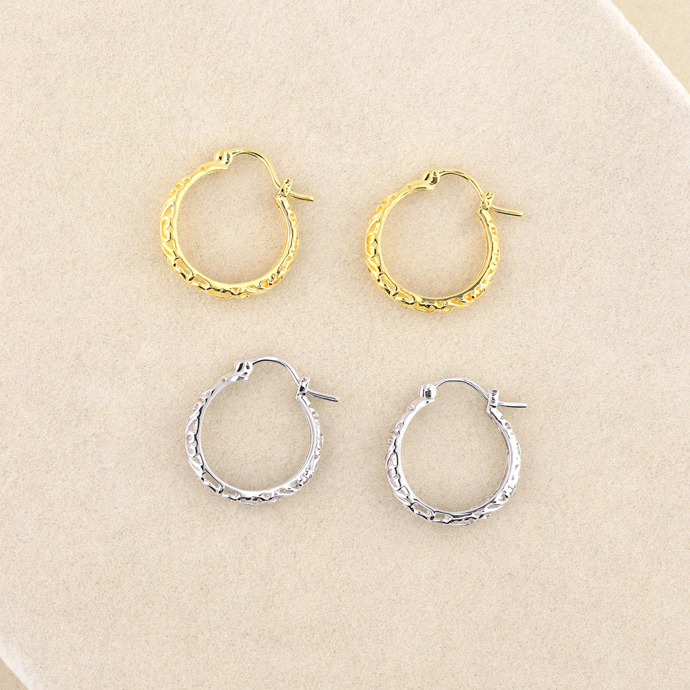 Flatlay view of Filigree Medium Hoop Earrings in Sterling Silver 0.75 inch, 10 of 12