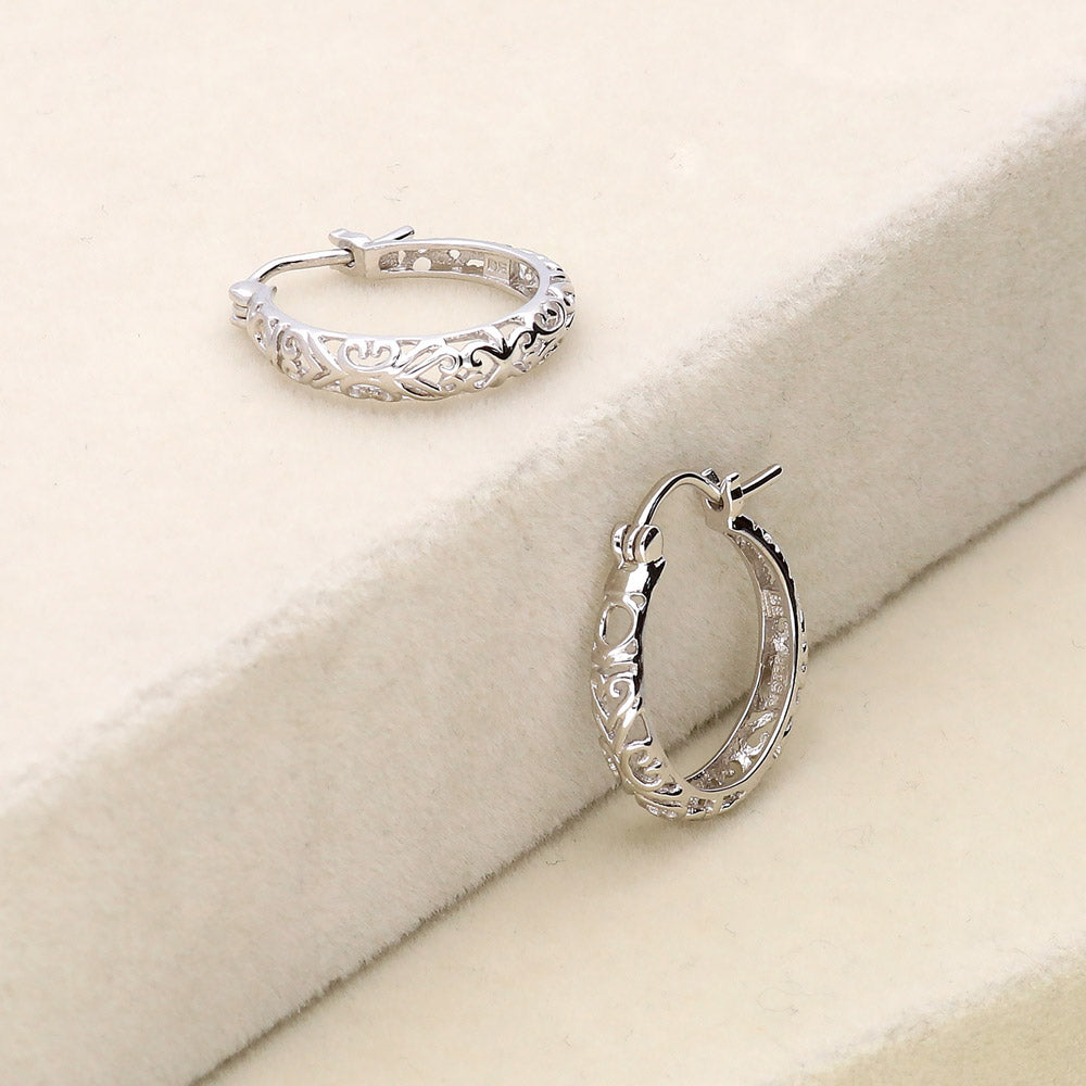 Flatlay view of Filigree Medium Hoop Earrings in Sterling Silver 0.75 inch, 9 of 12