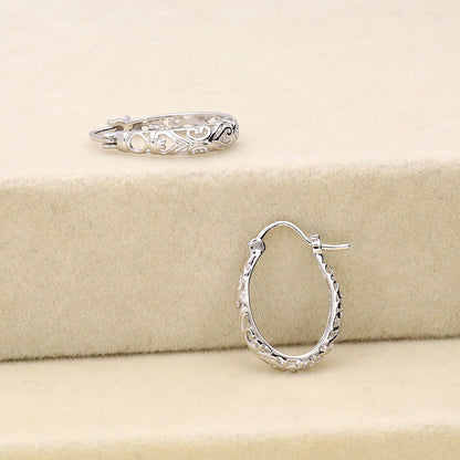 Oval Filigree Small Hoop Earrings in Sterling Silver 0.8"