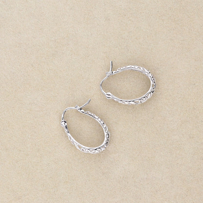 Oval Filigree Small Hoop Earrings in Sterling Silver 0.8"