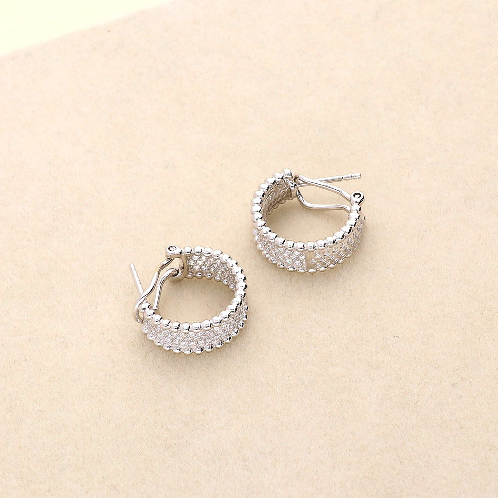Bead CZ Small Omega Back Hoop Earrings in Sterling Silver 0.7"