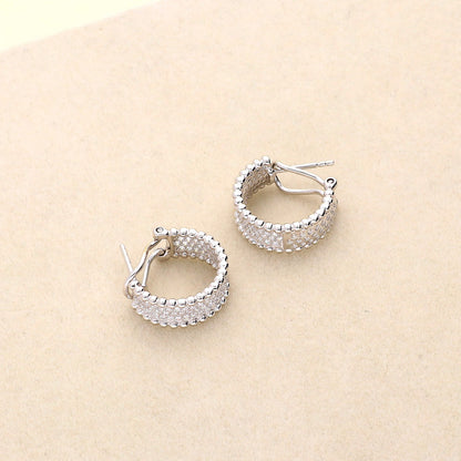 Bead CZ Small Omega Back Hoop Earrings in Sterling Silver 0.7"