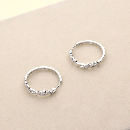 Leaf Filigree CZ Small Hoop Earrings in Sterling Silver 1"
